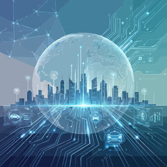 Fototapeta premium Futuristic Cityscape with Global Network and Autonomous Vehicles Illuminated by Technology