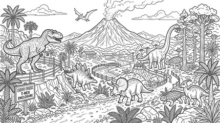 Prehistoric dinosaur park with t-rex, brachiosaurus, triceratops, and stegosaurus near a smoking volcano, coloring page © MDSUMON