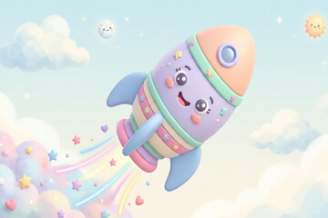 Soft 3D illustration of a rocket with smiling face, pastel colors, clean background, playful children’s design, smooth lighting, toy style render © LineArtColoring