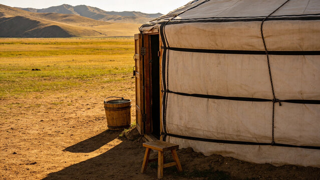 Traditional nomadic yurt tent in the vast Mongolian steppe landscape during golden hour