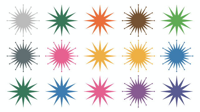 Collection of twelve starburst shapes in various colors on a white background