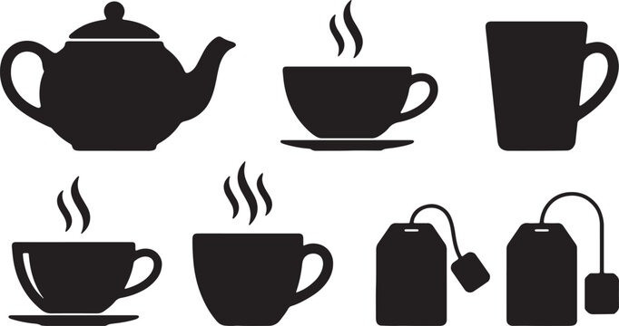 A vector illustration set of hot coffee and tea cups with teapots, saucers, and steam, featuring morning cafe breakfast drinks like espresso and cappuccino as brown beverage icons