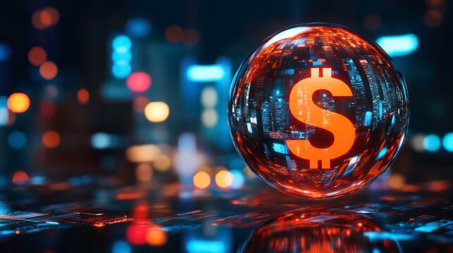 Glowing dollar symbol in glass sphere, vibrant city lights, symbolizing financial power and economy.