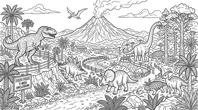 Prehistoric dinosaur park with t-rex, brachiosaurus, triceratops, and stegosaurus near a smoking volcano, coloring page