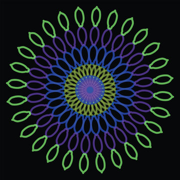 Abstract colorful mandala flower with looped radial symmetry, neon gradient rings, geometric circular pattern background for wallpaper, branding and textile design use.