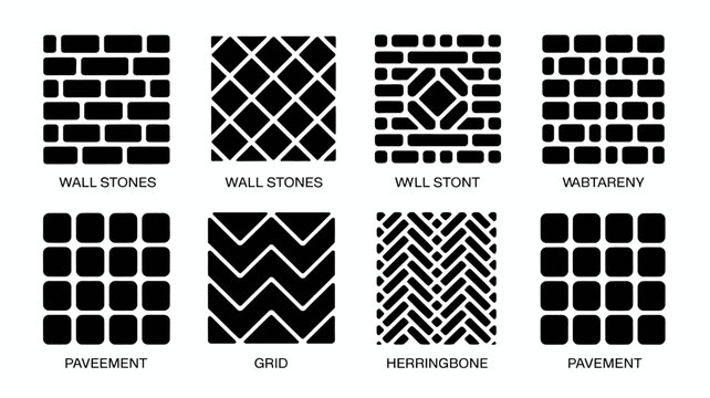 Geometric patterns of brickwork and paving stones on a white background