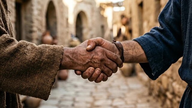 Two men in ancient robes shaking hands in biblical village setting. Christian unity concept with humble gesture of solidarity. Religious historical reenactment.