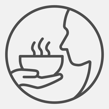 Plate of soup in hand and person face line icon, food assistance concept. Vector graphics. Hot soup and starving man sign with outline style for mobile or web design.