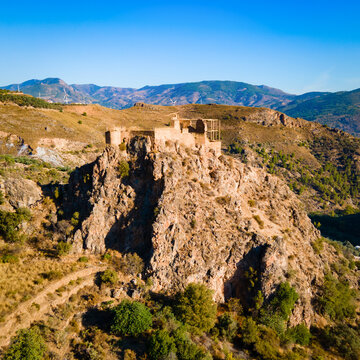 Lanjaron Castle aerial panoramic view in Alpujarras, Spain