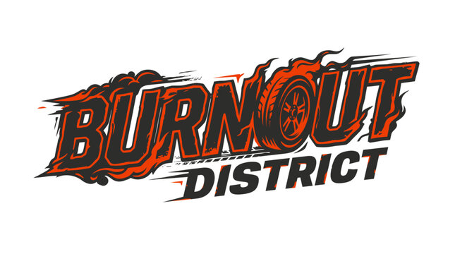 Burnout District Text Logo with Flaming Tire and Smoke