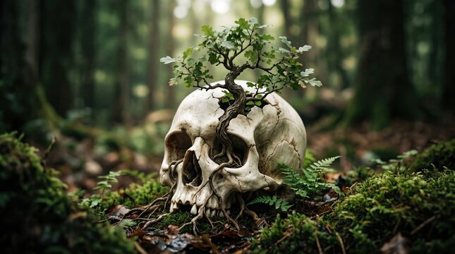 Human skull with tree growing out of it in forest