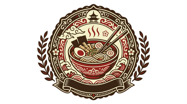 Japanese Ramen Bowl Emblem with Chopsticks and Laurel Wreath