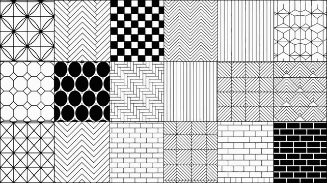 Geometric pattern collection black and white line art with varied textures and shapes