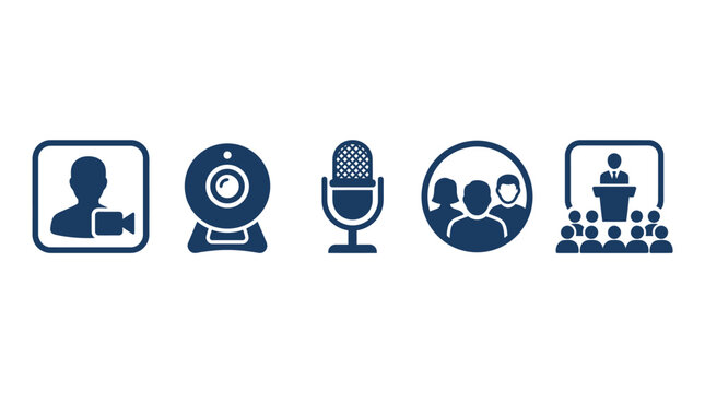 Online communication and presentation icons: webcam, microphone, group, conference