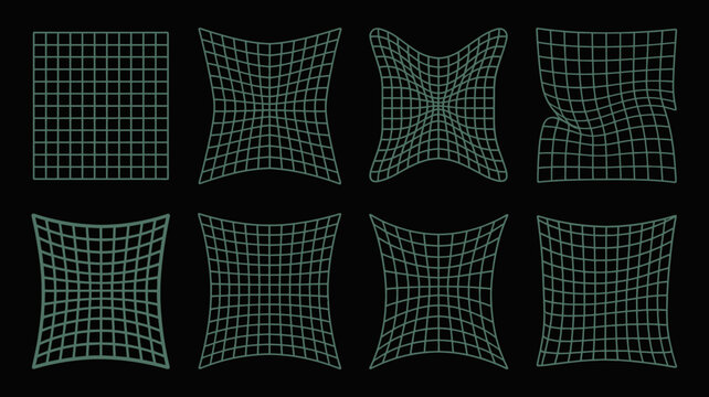 abstract grid distortions a collection of eight warped square patterns on black background