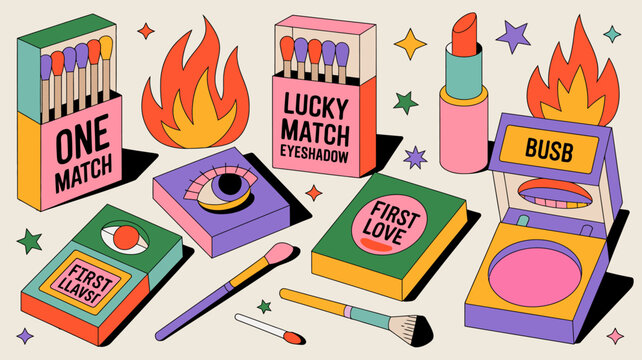 Colorful illustration of matchboxes cosmetics and flames on a beige background