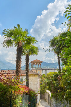 Sch&ouml;ner Blick auf eine Villa mit Park am Comer See.