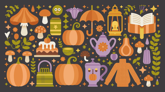 autumn harvest pattern with pumpkins mushrooms and teapots in a flat illustration style