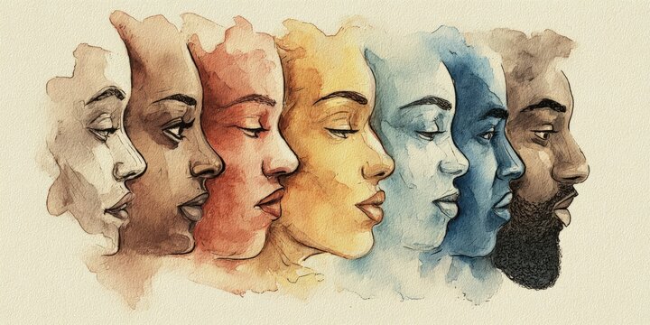 Diverse Human Faces in Profile Showcasing Spectrum of Skin Tones in Artistic Watercolor