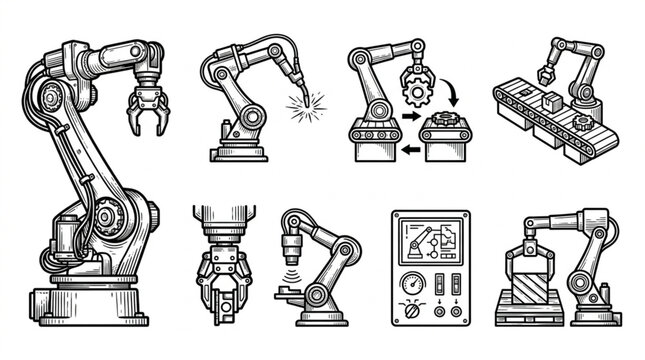 Set of Industrial Robotic Arms and Control Panel Hand Drawn Sketch.