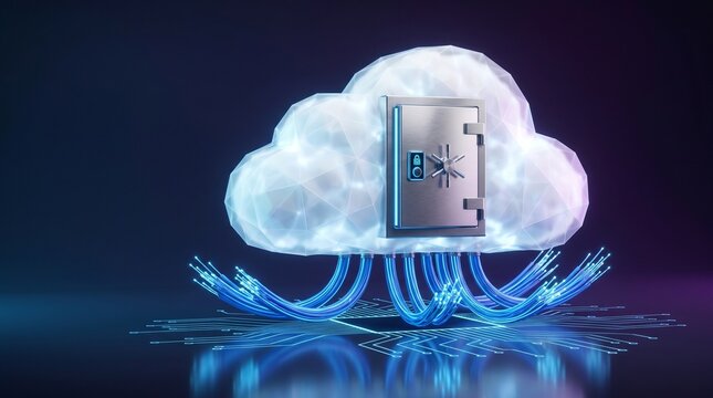 Metallic Vault Door Integrated into a Glowing Digital Cloud