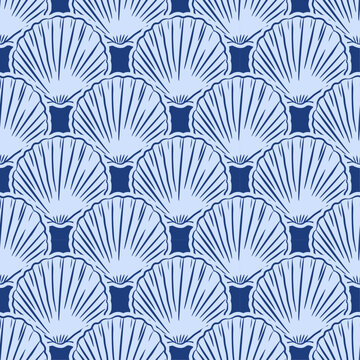 Seamless pattern with blue seashell scallops arranged in wave like texture. Coastal style scallop clam. Mediterranean doodle style, ideal for coastal wallpaper, fabric, and nautical decor.
