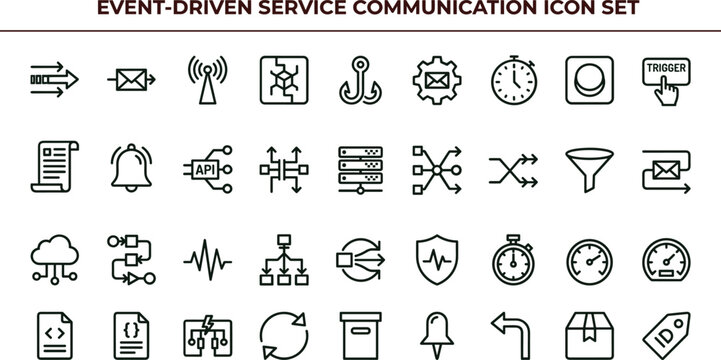 Event Driven Service Communication Icon Set Featuring Messaging Automation Workflow Routing and Distributed System Concepts