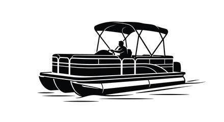 Pontoon boat silhouette with captain steering on water black and white vector illustration © Mim24