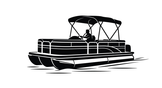Pontoon boat silhouette with captain steering on water black and white vector illustration