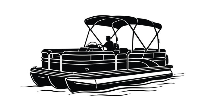 Pontoon boat silhouette on water vector illustration for recreational activities