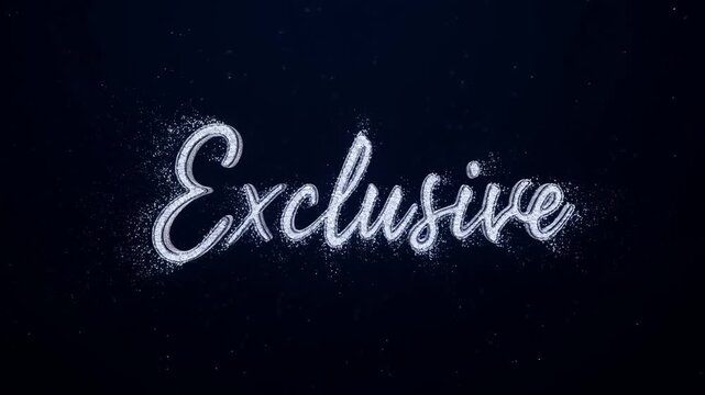 Animation of glittering silver Exclusive cursive text appearing on dark blue background
