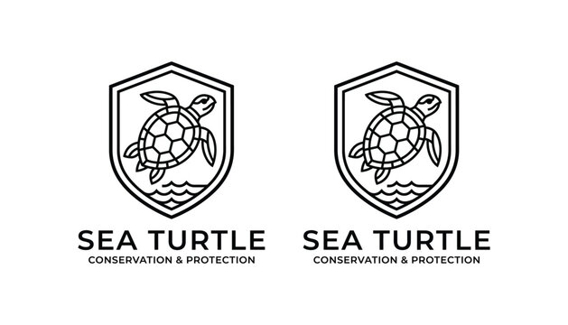 Shield shaped sea turtle logo design for wildlife protection and ocean habitat preservation agency.