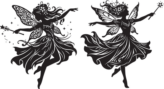 Black silhouette fairies with wings and magic wands vector illustration silhouette creature