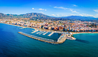 Fototapeta premium Fuengirola city beach and port aerial panoramic view