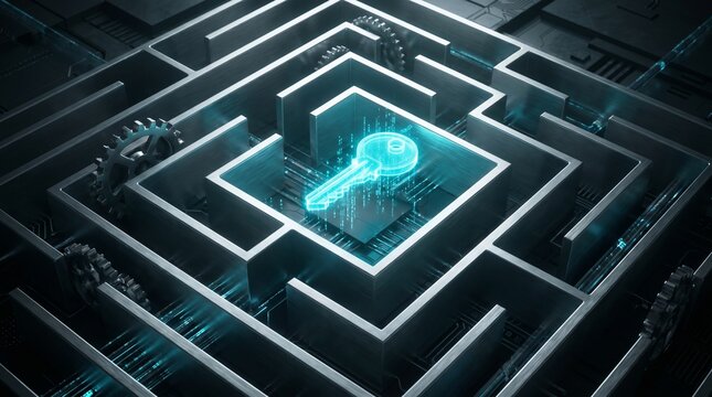 Glowing Digital Key Floating in the Center of a Metallic Labyrinth