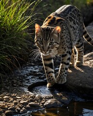 Obraz premium A marbled cat fantasy animal, fictional species walking along a river