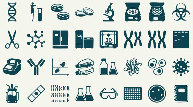 Biotechnology and life science laboratory equipment and research icons