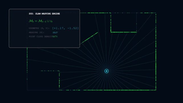 2D computer graphic animation of a LiDAR raycasting and robot odometry simulation tracking spatial data in real-time.