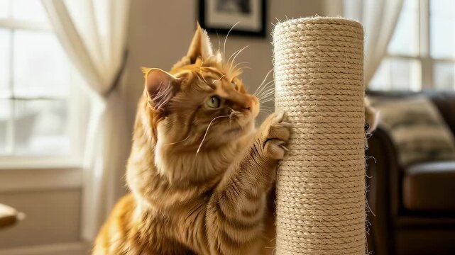 Ginger cat sharpening claws on sisal scratching post. Pet care tool for healthy feline behavior. Domestic animal activities in home environment, lifestyle theme.