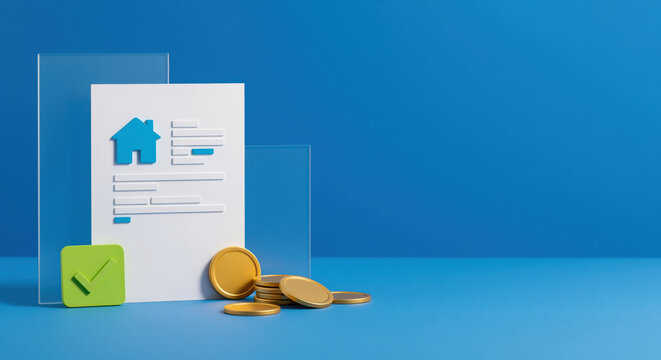 Mortgage approval paperwork for home purchase marketing, showing property document with check mark and coin stack for buyer payment, real estate contract, deposit saving, or closing cost service