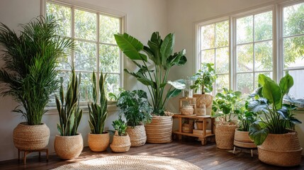 Fototapeta premium Lush indoor jungle with a variety of potted houseplants bathed in natural sunlight from large windows