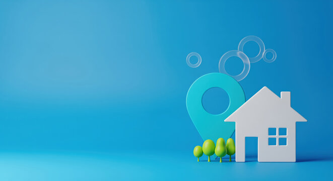 Real estate search support for property finder and relocation service using house with map pin to promote local rental home sale neighborhood choice agency contact buyer request or address lookup