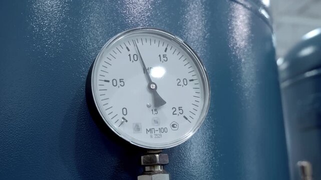 A pressure gauge is connected to the blue tank to monitor the pressure within the permitted limits. Closeup. Shot in motion 