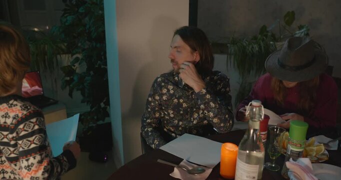 Kid Spend Time with Uncles. Friends Have a Home Party Dinner. 4K 10-bit