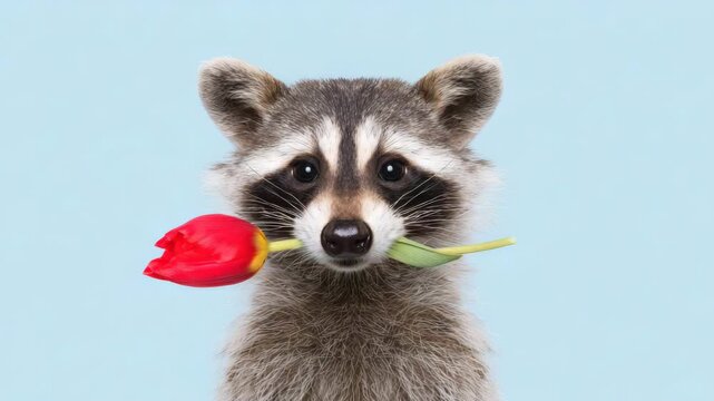 Charming raccoon holding a red tulip in its mouth, studio portrait on soft light blue