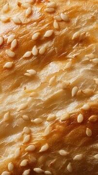 Close up macro shot of golden brown baked pastry crust sprinkled with sesame seeds