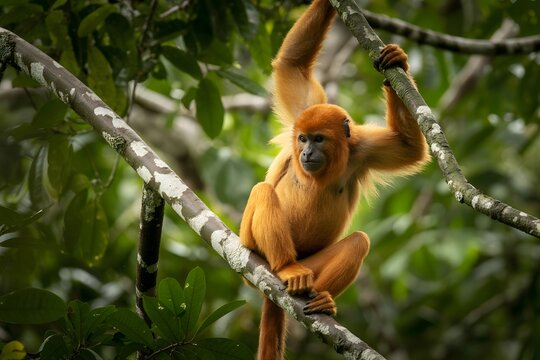 Orange howler monkey hanging in tropical forest branches