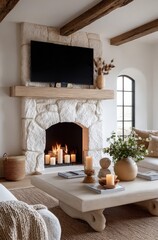 Fototapeta premium Cozy Living Room with Rustic Stone Fireplace, Modern TV, and Natural Decor Accents