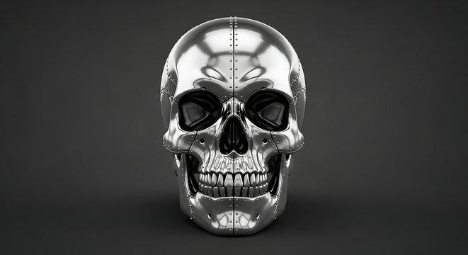 Polished metallic skull, detailed, with deep eye sockets, on a dark background