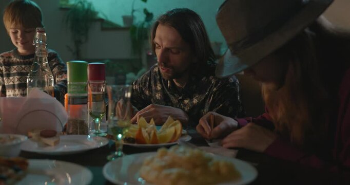 Kid Spend Time with Uncles. Friends Have a Home Party Dinner. 4K 10-bit